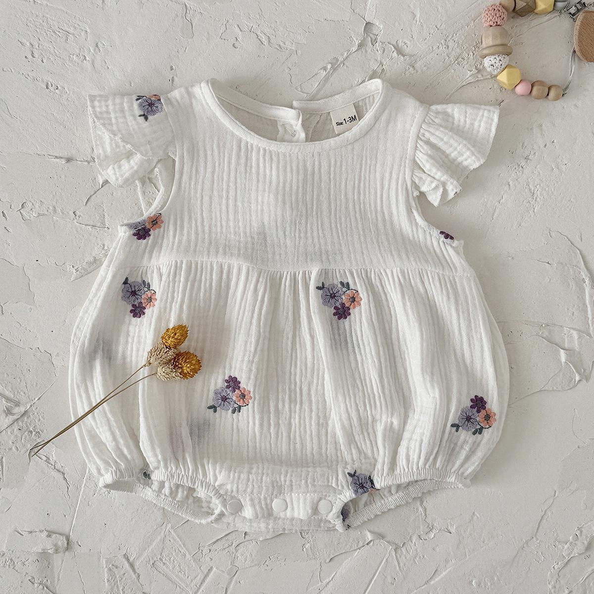 Korean-Style Girls Summer Bodysuit with Purple Floral Embroidery 59cm (1-3M) белый