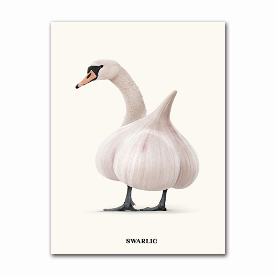 Funny Fruit Animal Poster, Kitchen Canvas Painting, Garlic, Goose,Cauliflower, Sheep Wall Picture, Living Room Decor