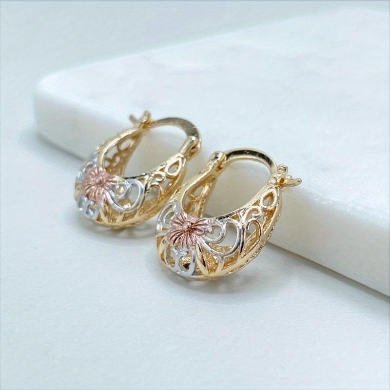 Vintage Exquisite Hand Carved Hollowed Flower Basket Shaped Hoop Earrings Women's Elegant Banquet Festival Golden Plated Jewelry