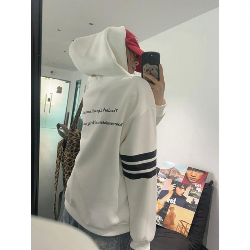 Womens Striped Embroidered Letter Hooded Sweatshirt Loose Casual Versatile Top
