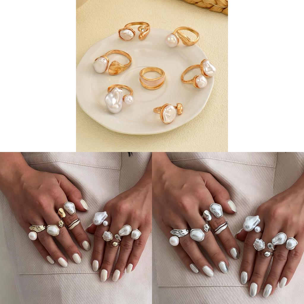 Pearl Ring Set For Women Geometric Vintage Baroque Design With Electroplated Finish For Fashion Jewelry