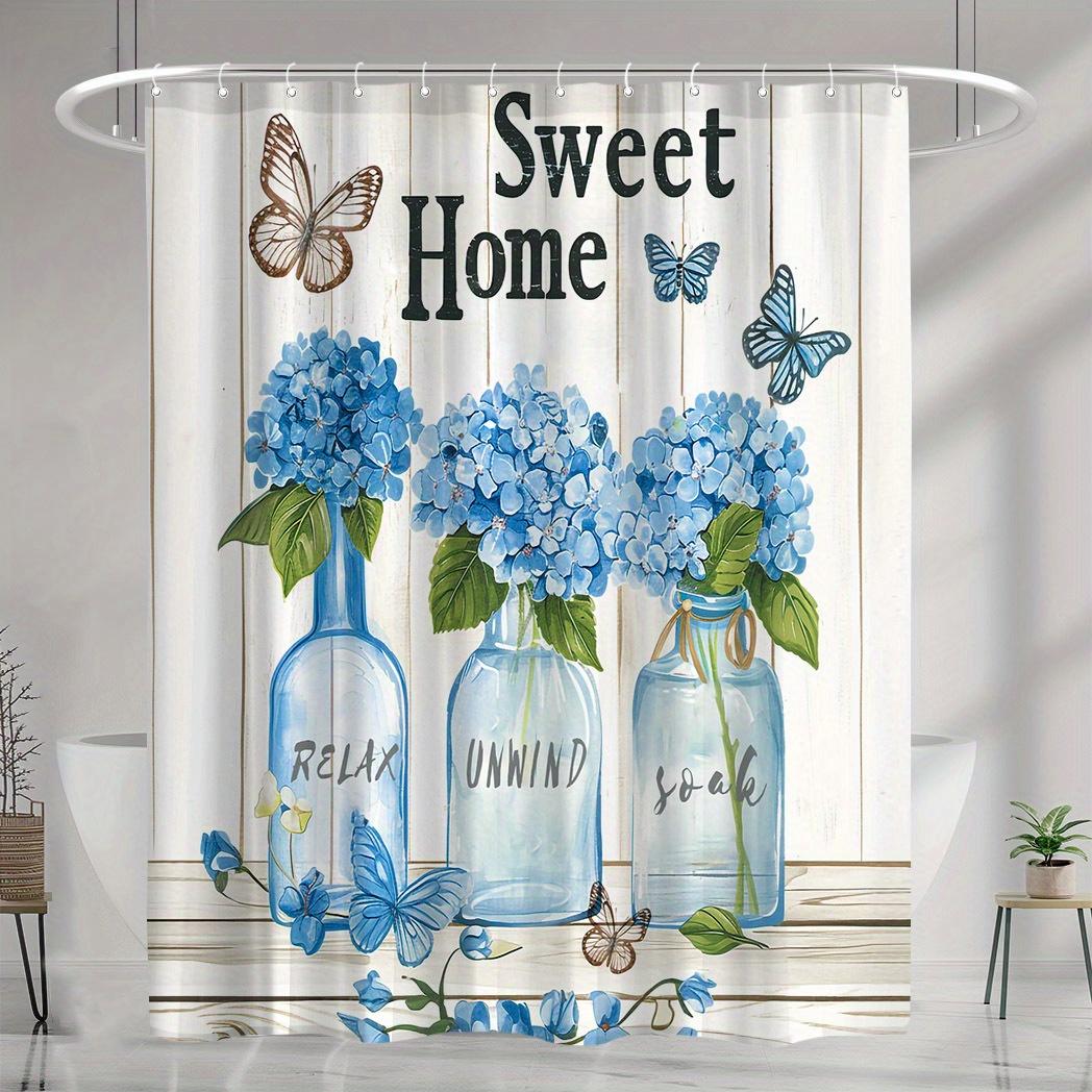 

1Pc Sweet Home Floral Shower Curtain - Blue Hydrangea & Butterfly, Polyester, 71X71 , 12 Hooks, Moisture-Repellent, Easy-Clean W60H190(CM)-1 Pcs