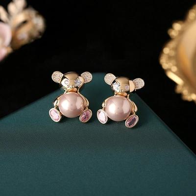 Sweet Cute Bear Ear Studs for Girls Cubic Zirconia Pearl Animal Studs Luxury Design Statement Jewelry Gold Plated