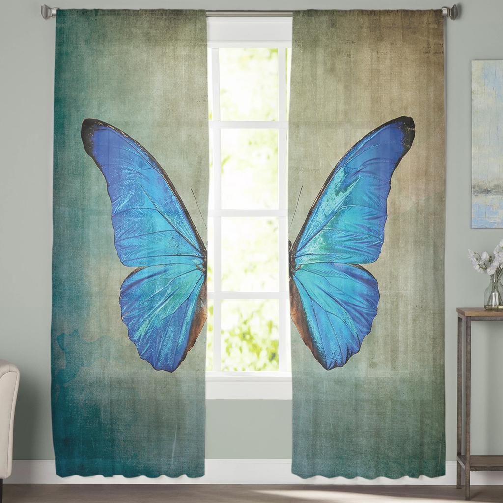 Spring Blue Butterfly Retro Window Treatment Tulle Modern Sheer Curtains for Kitchen Living Room the Bedroom Curtains Decoration