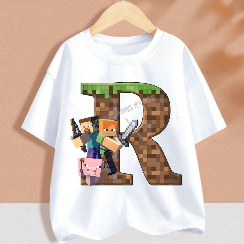 Hot Pixel Game T-shirt Children A-Z Letter White Clothes Cartoon Round Collar Clothing New Kids Short Sleeve Summer Tee Top Gift