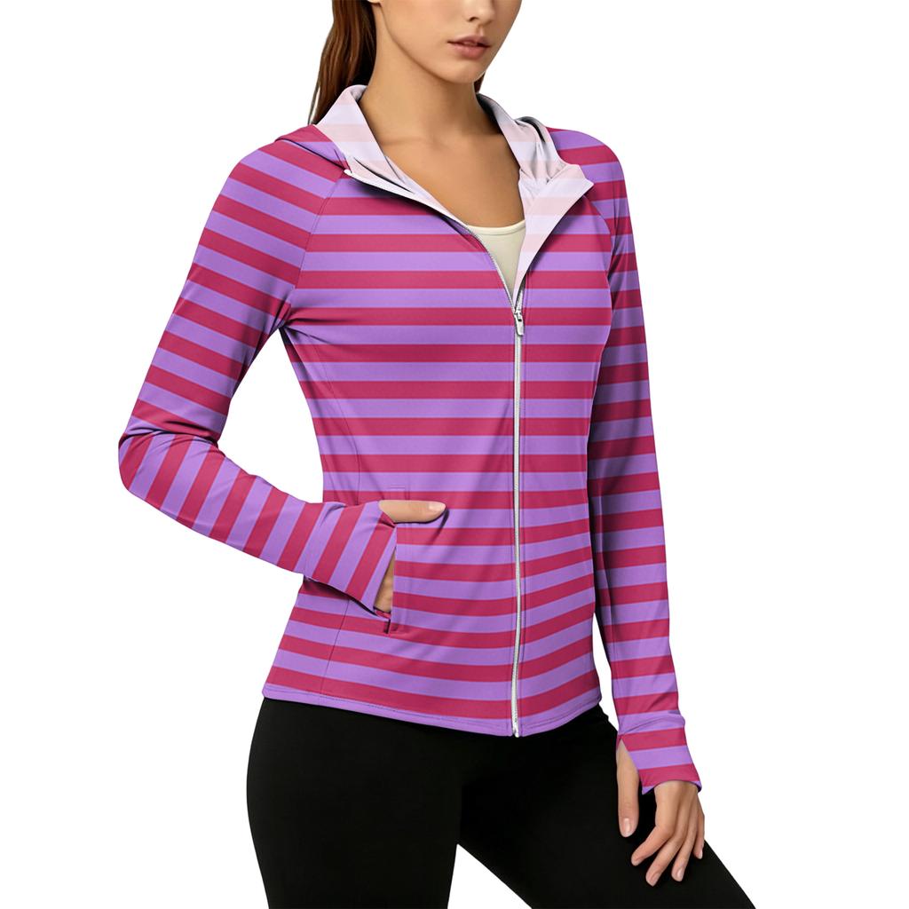 Women Zip Up Hoodie with Pockets Long Sleeve Lightweight Striped Sun Jacket Casual Hooded Top