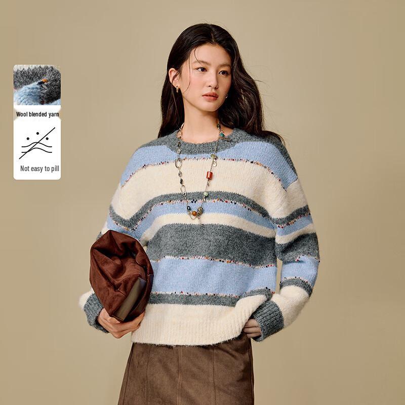 INMAN Women's Relaxed Fit Color Block Stripe Round Neck Knit Sweater