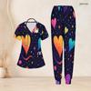Women Plus Size V Neck Short Sleeve Scrub Set Black Base Red Gold Heart Glitter Print Nurse Uniform Set