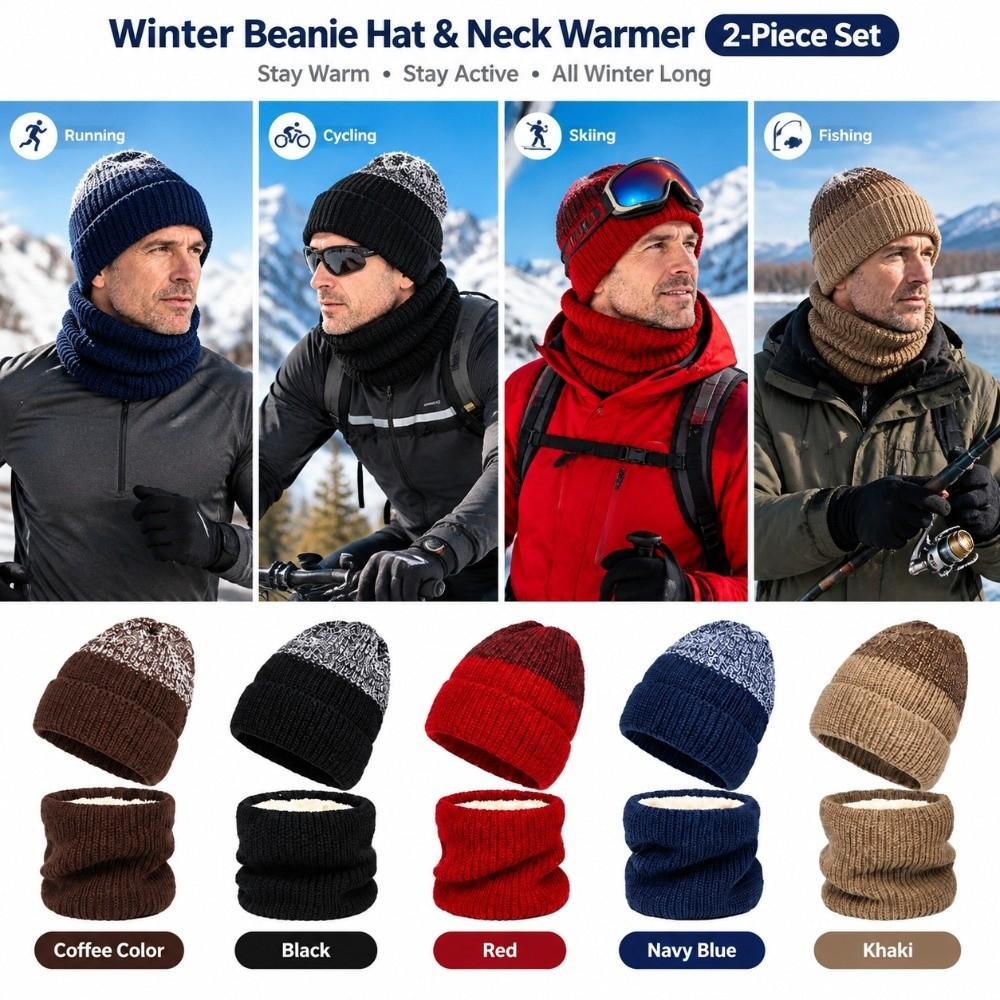 Fleece Lined Neck Warmer Thick Knit Winter Scarf Set Fashion Knit Cap  For Men