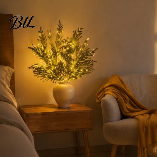 Tabletop Holiday Floral Filler Artificial Lighted Pine with Lights, Fairy Light Olive Branch, Realistic Faux Warm White LED Twig Lights Stem for Home