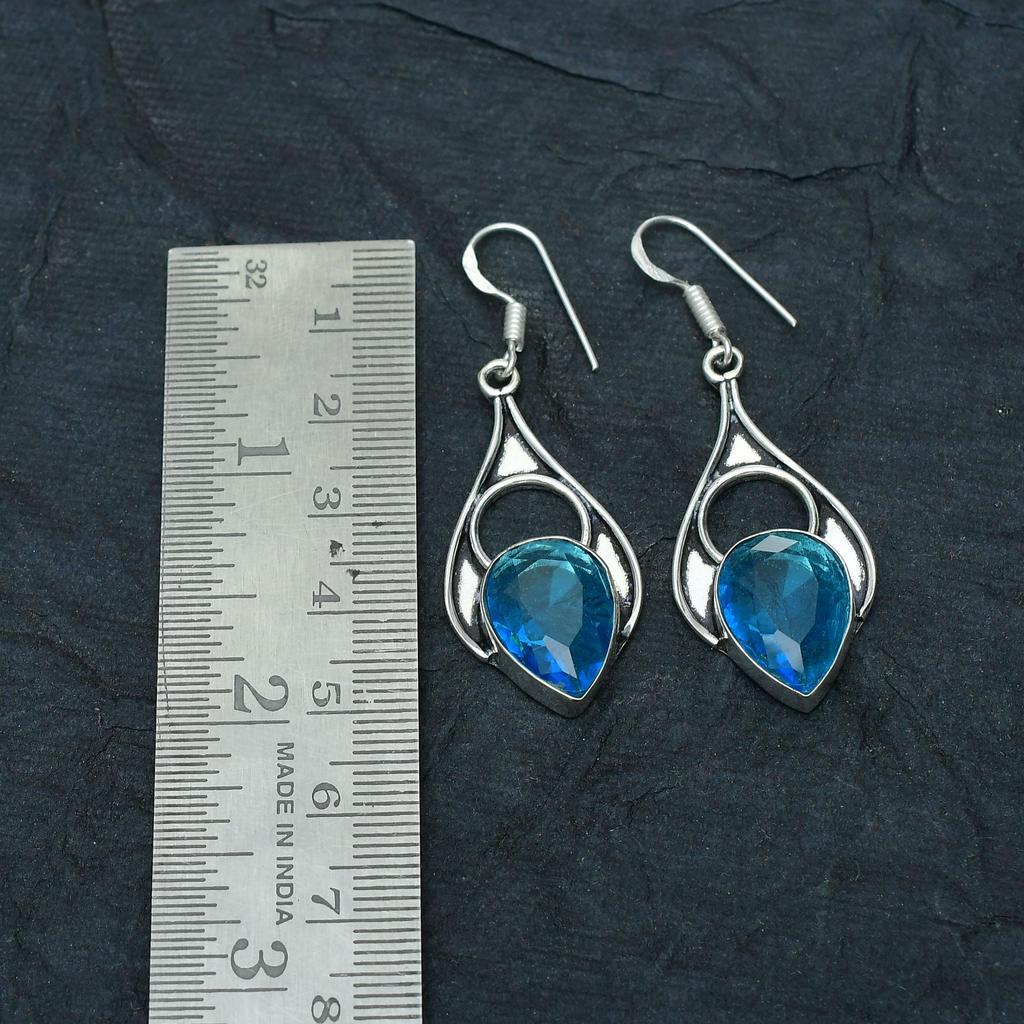 Blue Topaz Gemstone Handmade 925 Sterling Silver Jewelry Earring