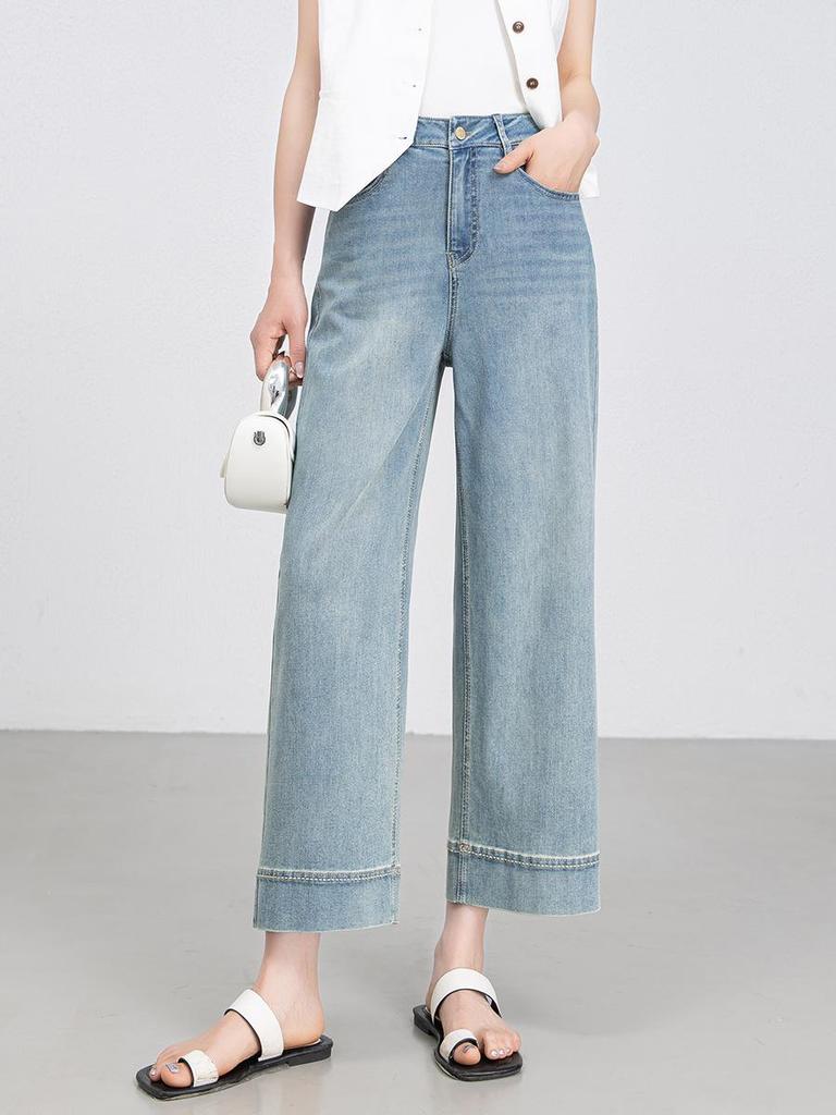 Xin Ge Lyocell Tencel High-Waist Cropped Wide-Leg Jeans for Women - Summer Thin Slimming Petite Fit