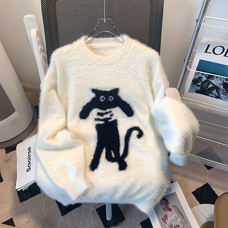 

American Cat Idle Style Loose Sweater Pullover Plush Knitted Sweater Top Long Sleeve Autumn and Winter Beige White S(Large version)
