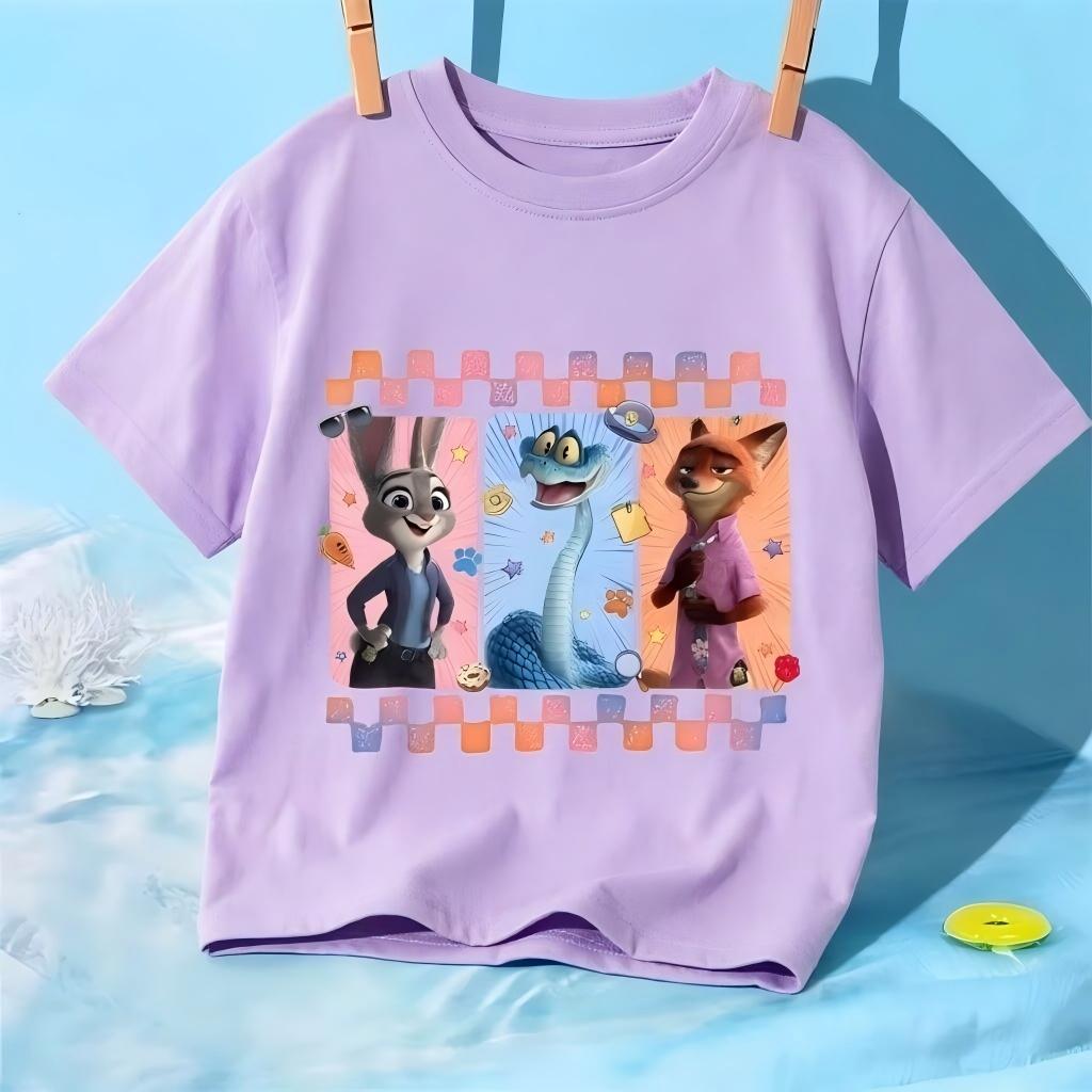 Childrens 2026 TShirt Judy and Nick Cute Rabbit and Fox Cartoons Printed Short Sleeve Casual Summer for Kids