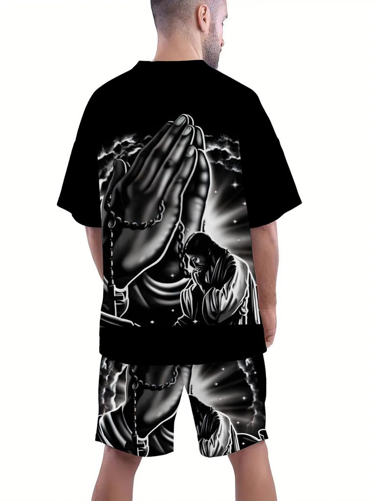 Summer Men Loose Streetwear Praying Hands Print Short Sleeve Set