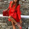 Women Fashion Ruffle Mini Dress Loose Pure Color Lantern Sleeve Dress