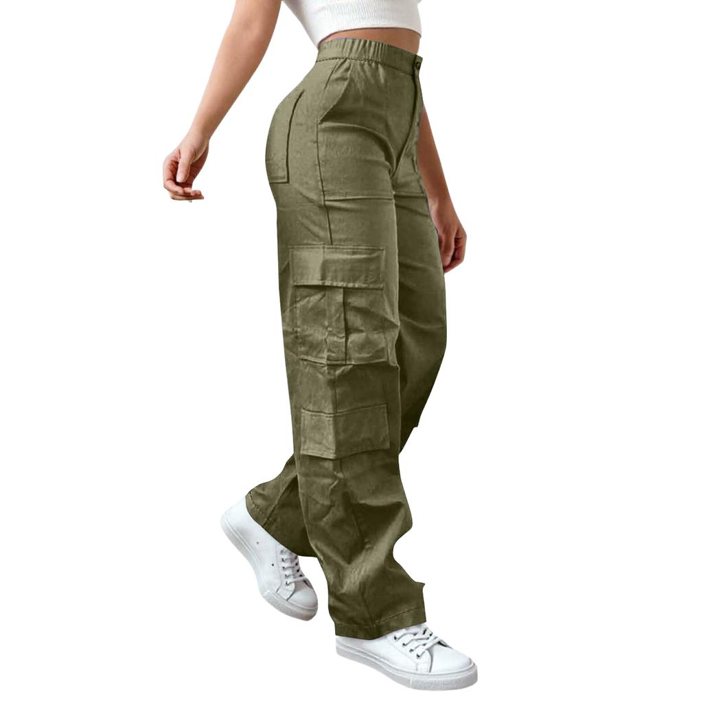 Damen High Waist Cargo-Hose Lockerer Schnitt Gerades Bein mit Mehreren Taschen für Freizeit Outdoor