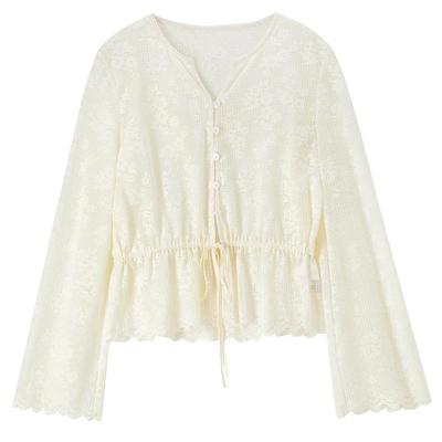 Women's V-Neck Lace Blouse with Flare Sleeves