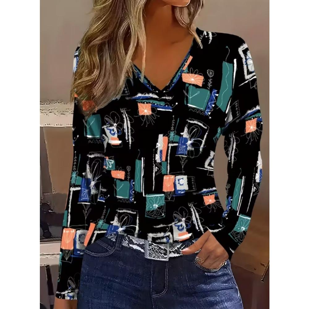 Splicing Printed T-shirt for Women's Casual V-neck Long Sleeved Top Suitable for Spring and Autumn Wear