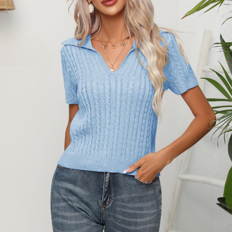 Summer Women's Twist POLO Neck Short Sleeve Knit Sweater Stranded Short Top