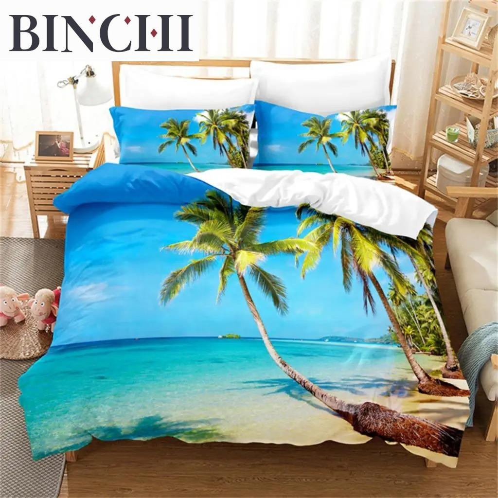 Beach Coconut 3D Tree Duvet Cover Ocean Beach Plants Bedding Collection Comforter Cover Collection For Boy Girls Bedroom Decor Bedding Collections