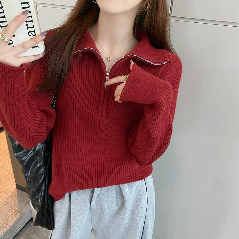 Women's Half-Zip Sweater, Loose Knitwear with Lapel Design, for Spring and Autumn 2026.