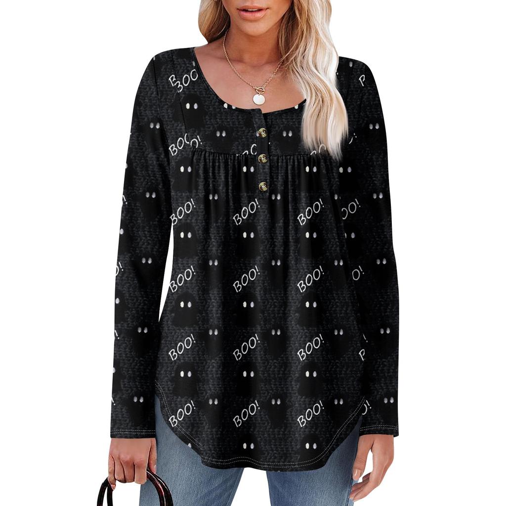 Dame Langermet Tunika Løse Topper Casual Oversized Topper Plissert Tunika Knapper Ned Casual Dame Print Topper