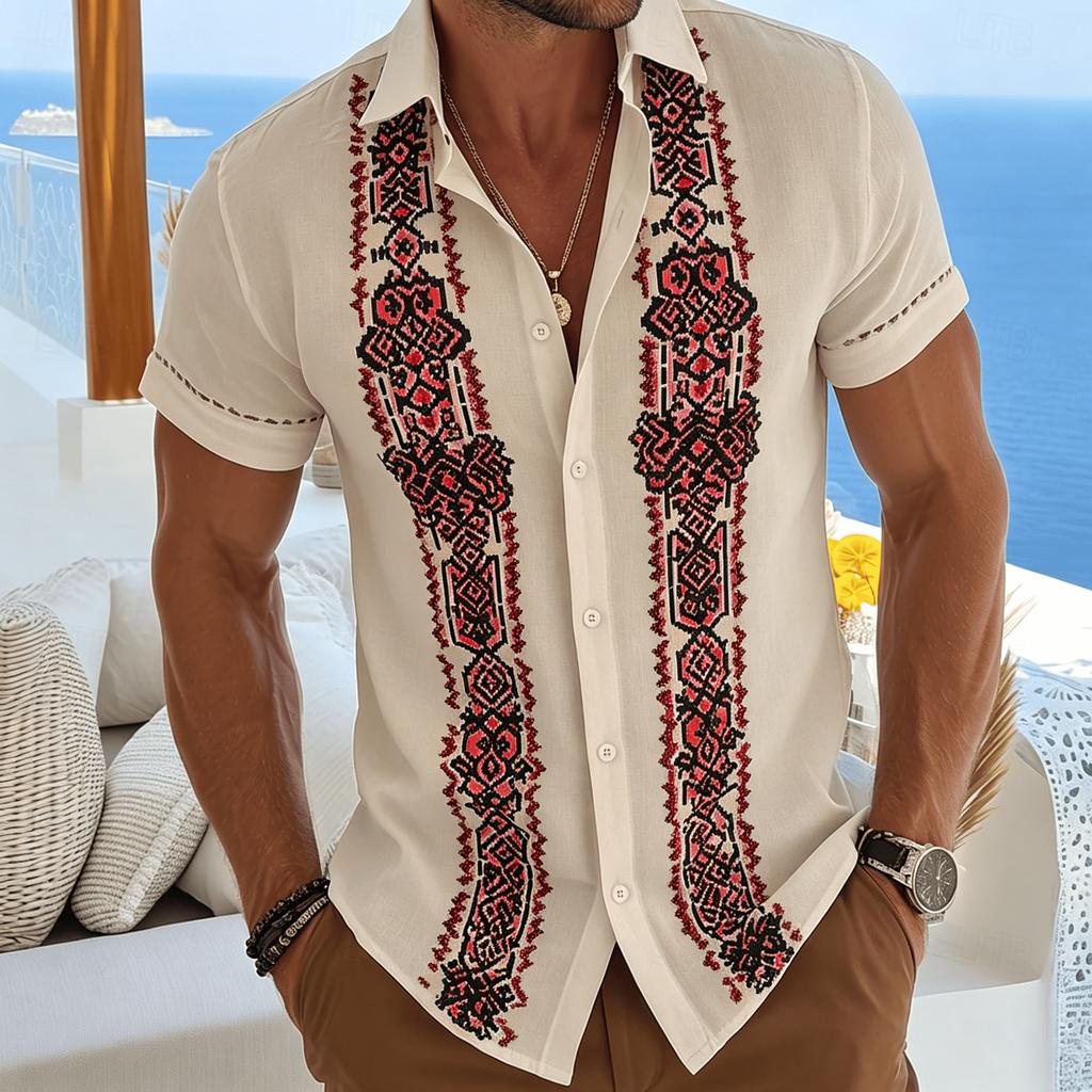 Men's Ethnic Geometric Print  Shirt, White Boho Casual Short Sleeve for Summer