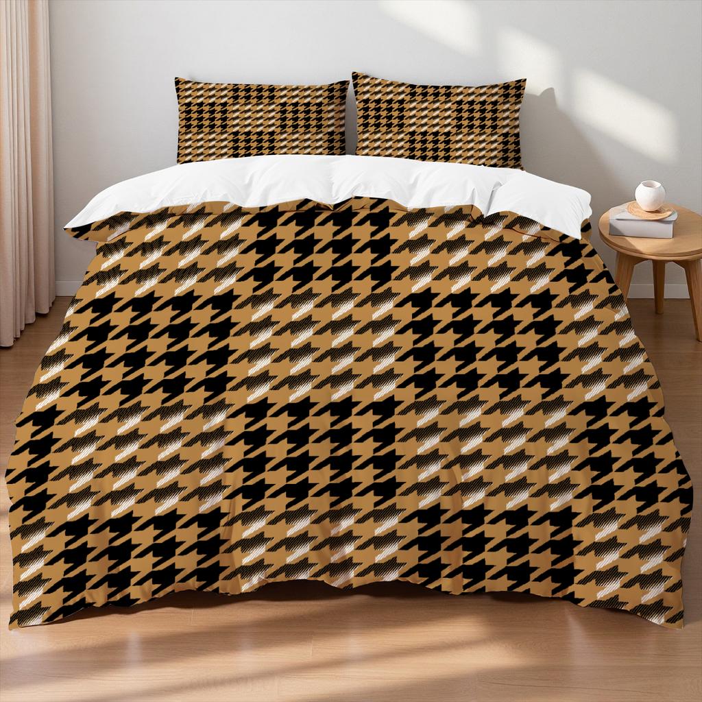 Luxury Brown Black Houndstooth Bedding Set Classic Print Duvet Cover Pillowcase Breathable Wrinkle-Free For Bedroom Decor