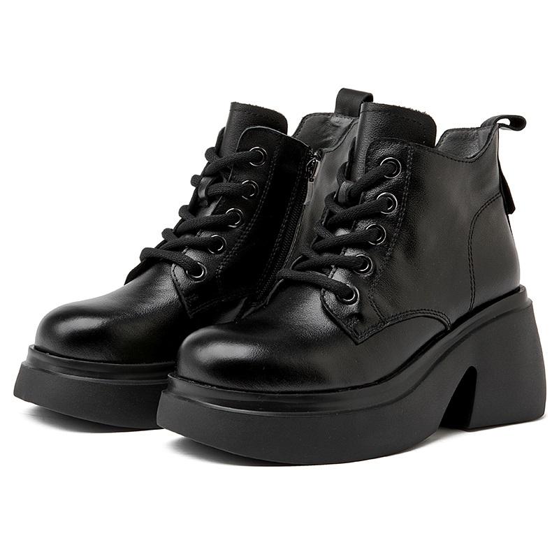 Fashion GKTINOO Women Thick High Heel Boots Autumn Round Toe Chunky Platform 100% Genuine Leather Ankle Boots Ladies Zipper Short Boots