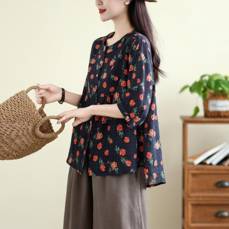 Korean Version Mid Sleeve Shirt Women's Shirt Women's Loose Five Quarter Sleeve Top Women's Summer Cotton and Linen Shirt Top
