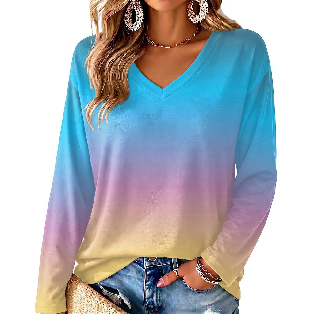 Women's V-Neck Long Sleeve Gradient Print Blouse Lightweight for Spring Summer