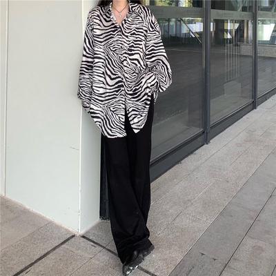 Retro Zebra Print Shirt for Women Baggy Blouse Streetwear Korean Style Black Long Sleeve Tops for Girl