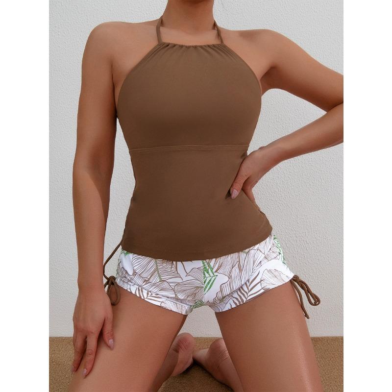 New European and American Split Swimsuit Women's Print Neck Tether Fashionable Tankini Swimsuit