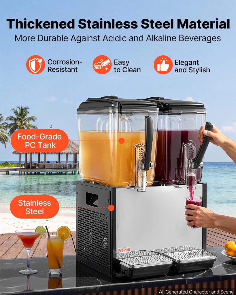 Commercial Beverage Dispenser 2 Tanks 12 L / 12.7 QT Per Tank, Stainless Steel Juice Dispenser, Ice Tea Drink Machine with 7 to 12 Cooling