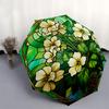 Stained Glass Window Panel with White Flowers, Circular Art Decor Umbrella, Cute Umbrella with Cute Design, Portable 3-Fold Compact Umbrella for Men &