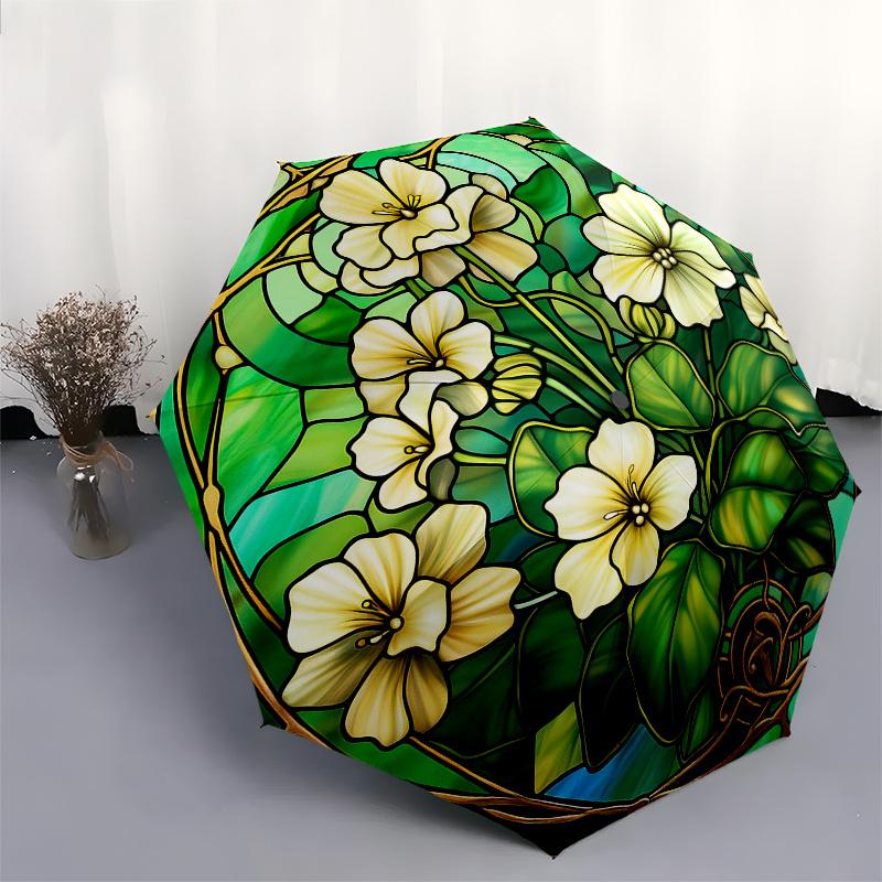 Stained Glass Window Panel with White Flowers, Circular Art Decor Umbrella, Cute Umbrella with Cute Design, Portable 3-Fold Compact Umbrella for Men &