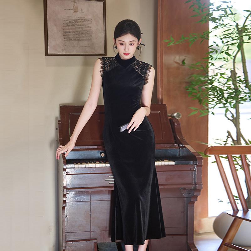 Black velvet sleeveless national style new Chinese Suzhou waist pinched autumn cheongsam improved young women's high-end dress