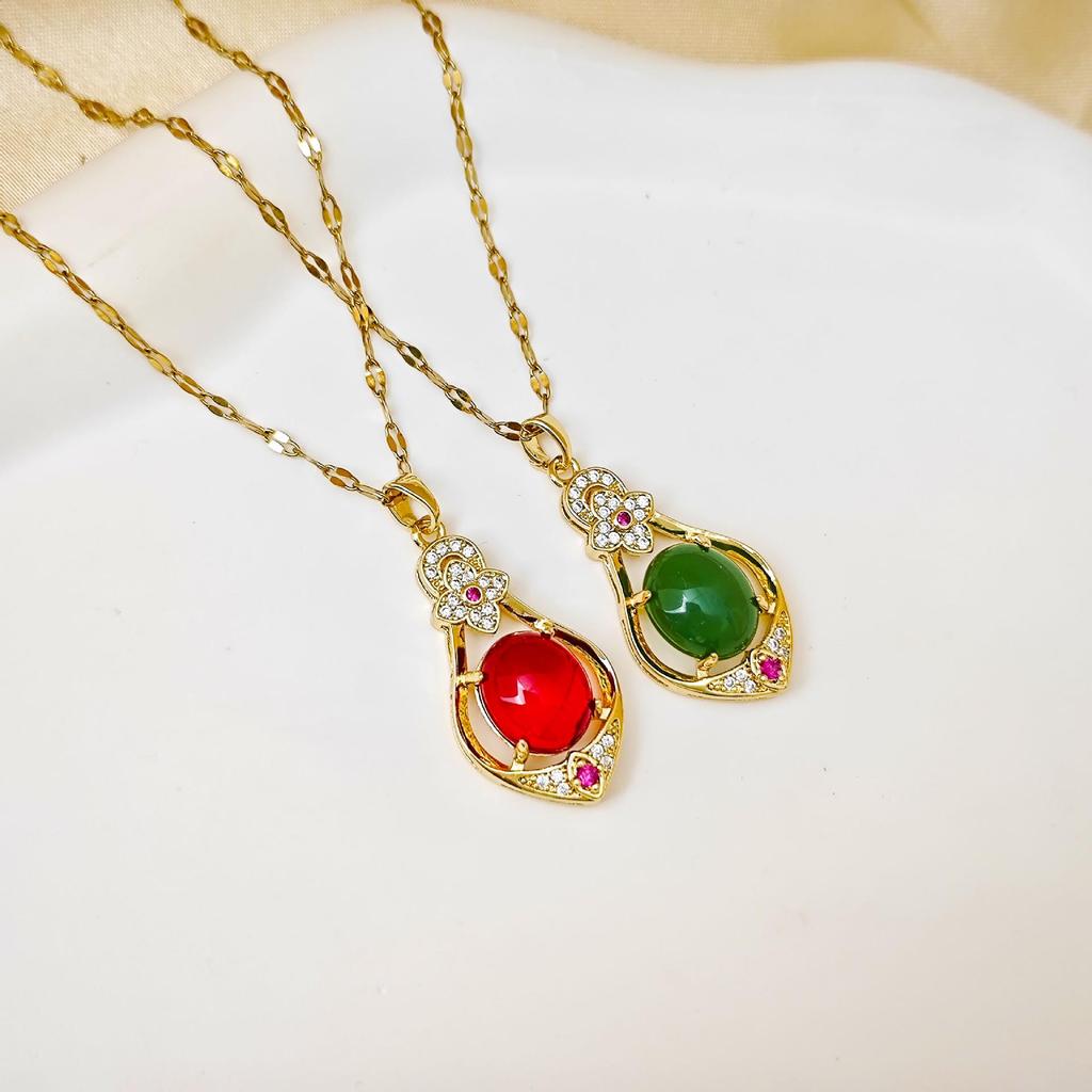 Retro Chic Titanium Steel Necklace: Luxury Gemstone Gourd Pendant for Women