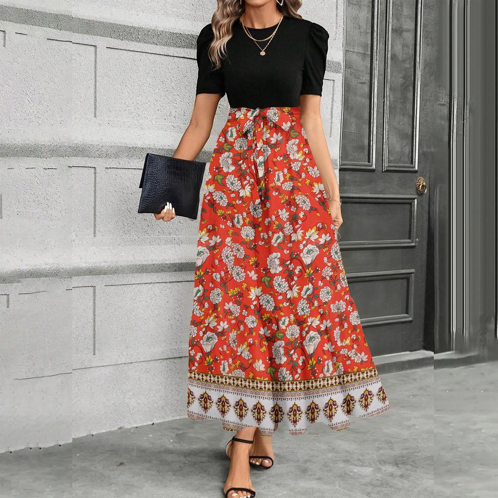 Short Sleeve Round Neck Maxi Dress with Floral Print High Waist Tie Belt Bohemian Style Casual Long Dress for Women