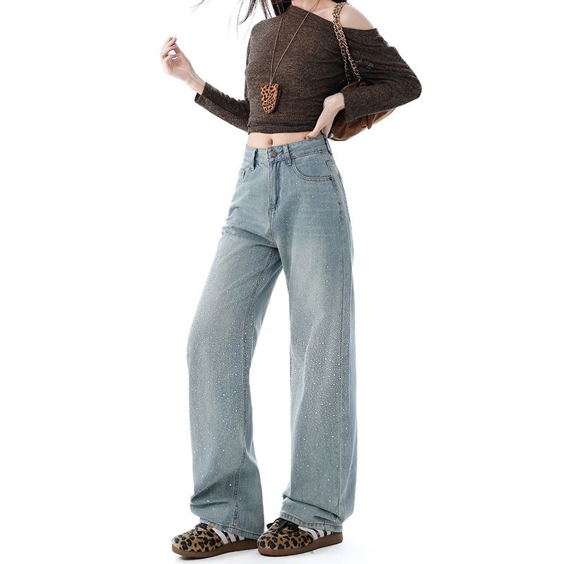 Spring Summer Full Star Rhinestone High Waist Drape Floor Slim Straight Casual Denim Pants For Ladies Casual Pants Oversize Denim Trousers