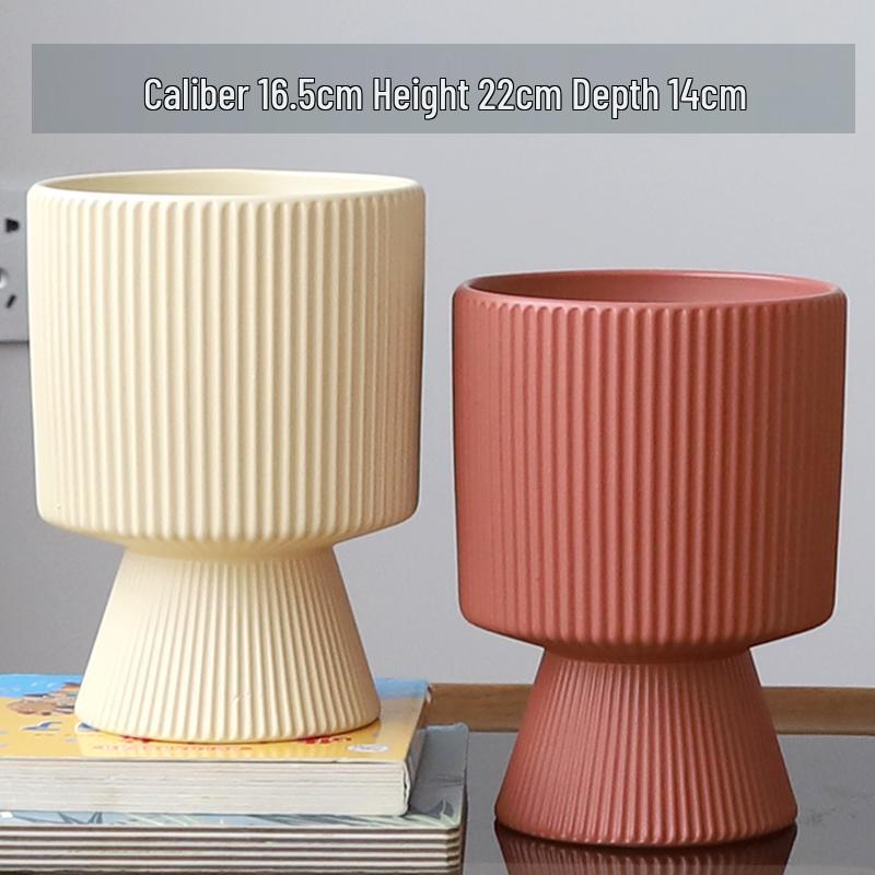 Nordic Ceramic Flower Pot with Tray - High-Footed Vertical Stripes for Indoor/ Balcony, Ideal for Pothos and Orchids.