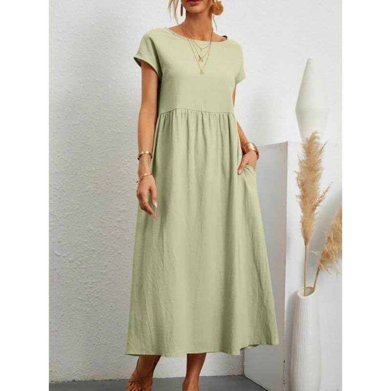 QICED Fashion Summer Spring Solid Color Print Short Sleeve O-Neck Casual Dresses