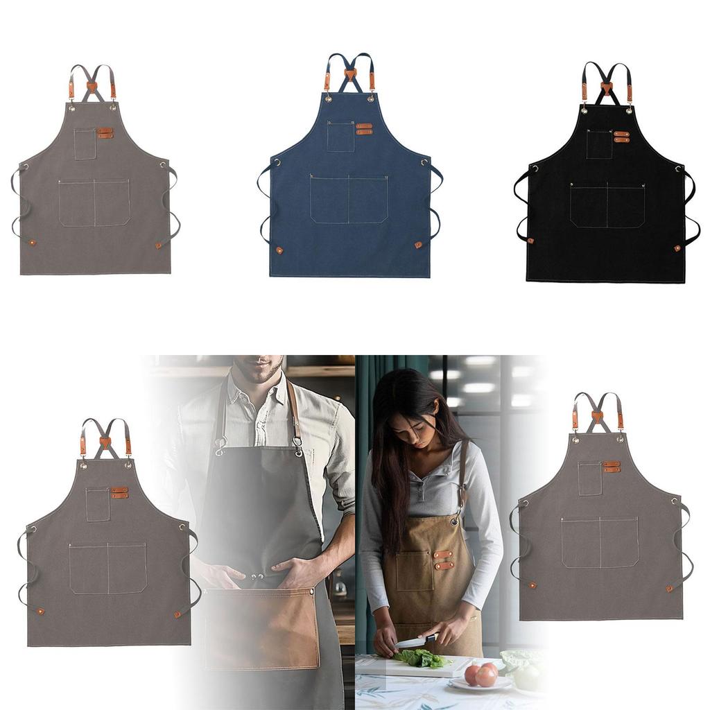 Adjustable Canvas Chef Apron with Pockets And Straps, Waterproof, Wearresistant, Suitable for