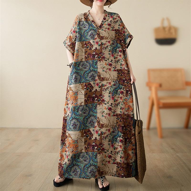 Short Sleeve Plus Size Cotton Vintage Floral New In Dresses for Women Casual Loose Long Summer Dress