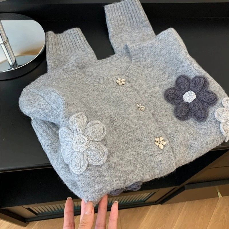 Lazy niche hand-embroidered flower sweater women's spring and autumn new loose casual knitted cardigan top