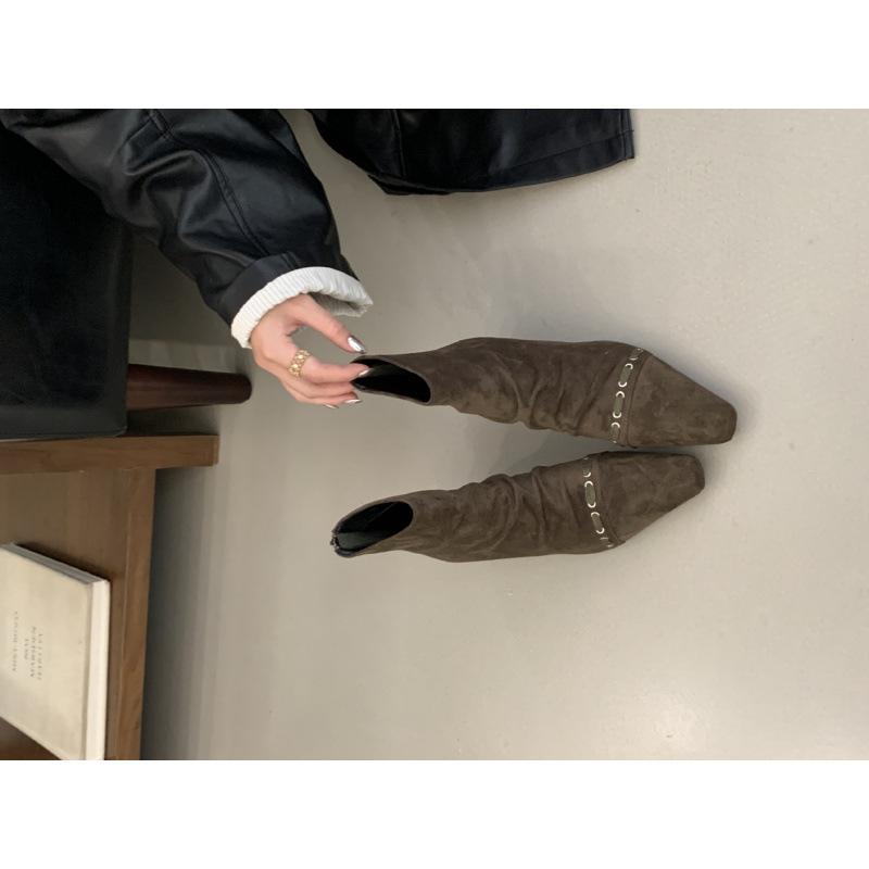 

Korean version of pointed suede pleated zipper fashion short boots autumn and winter wear fashion low heel thin boots short boots women 39 темно-зелений колір