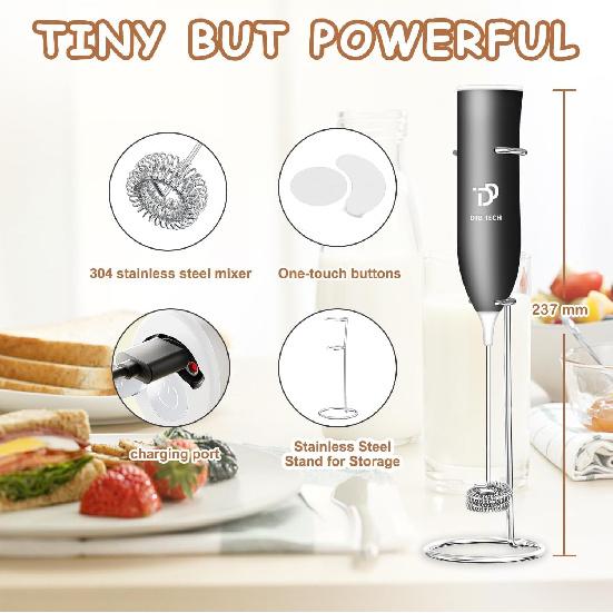 Rechargeable Milk Frother,Milk Frother Handheld,Coffee Mixer with Stand,Detachable StainlessSteel Whisk,forLattes,Cappuccino,Matcha,Etc. (Black)