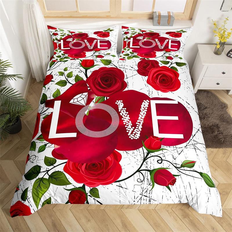 Red Rose Duvet Cover Twin King Romantic Theme Floral Bedding Set Microfiber Love Heart Flowers Quilt Cover For Girl Teen Wedding