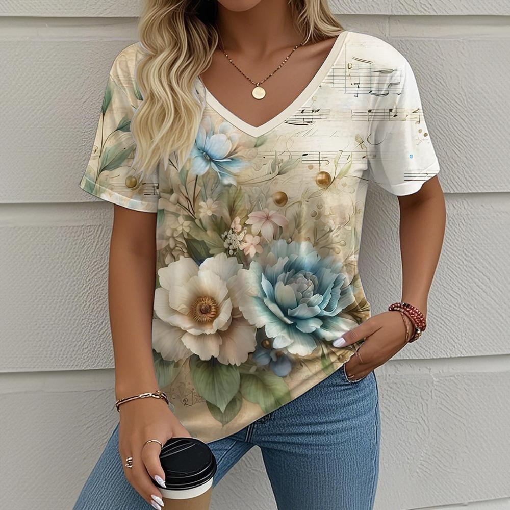 Fashion Flower Floral 3D Print T-Shirts Women's Streetwear V-Neck T Shirt Tee Tops Oversized Harajuku Oversized Female Clothing